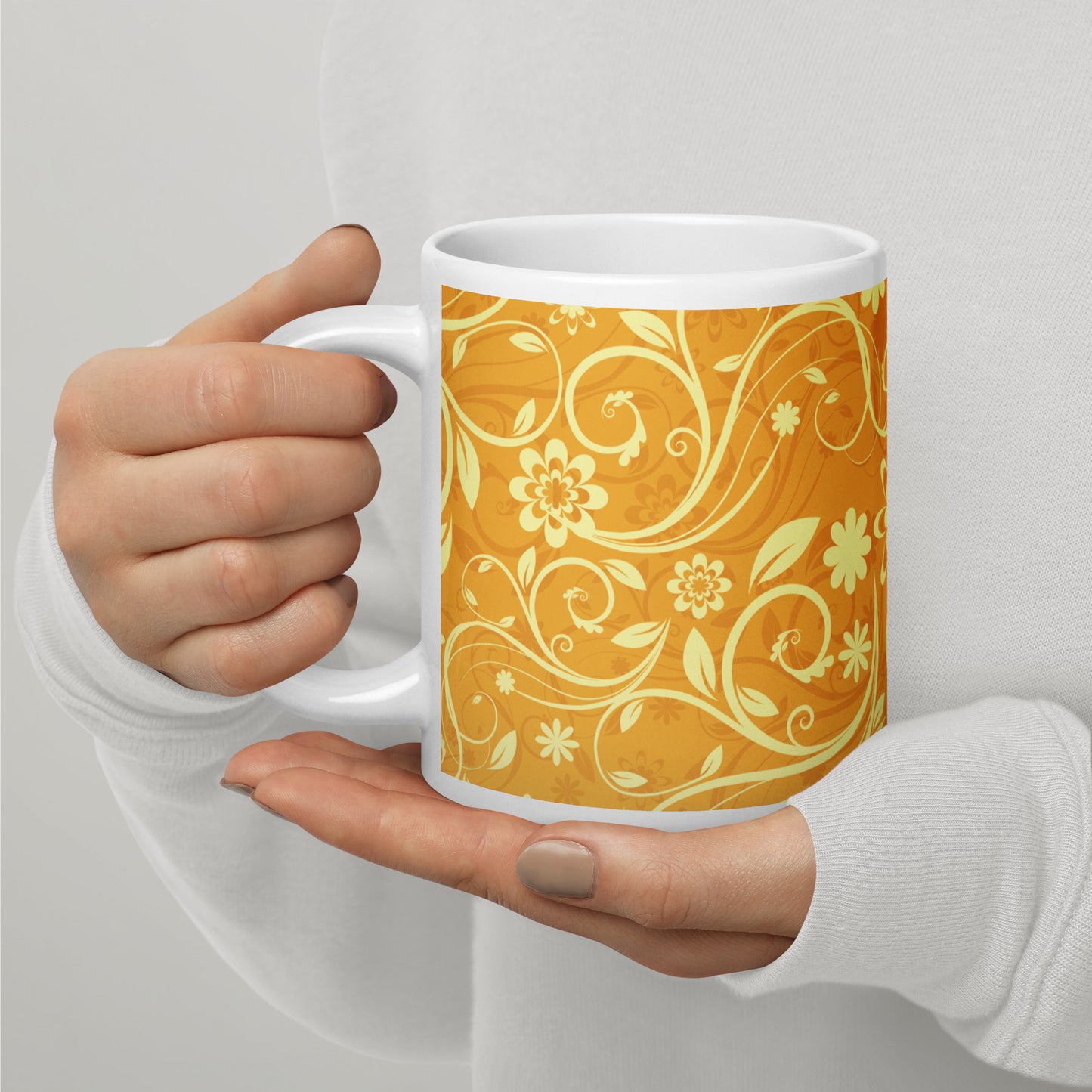 Elegant Decorative Ornamental Floral Pattern White Glossy Mug
