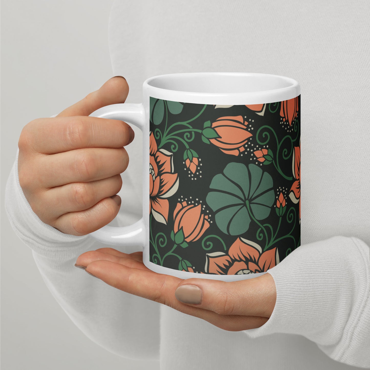 Elegant Flower Seamless Pattern White Glossy Mug