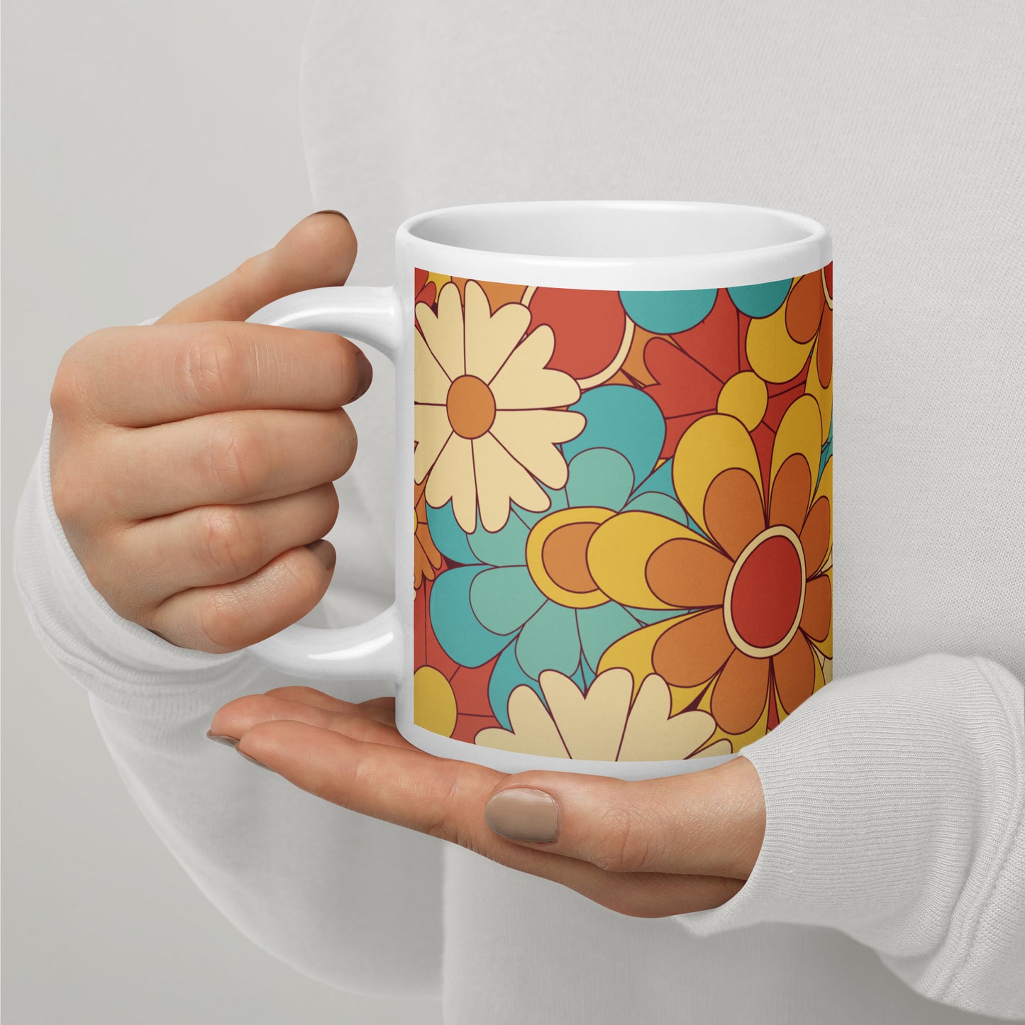 Vintage Retro Colors Groovy Floral Pattern White Glossy Mug