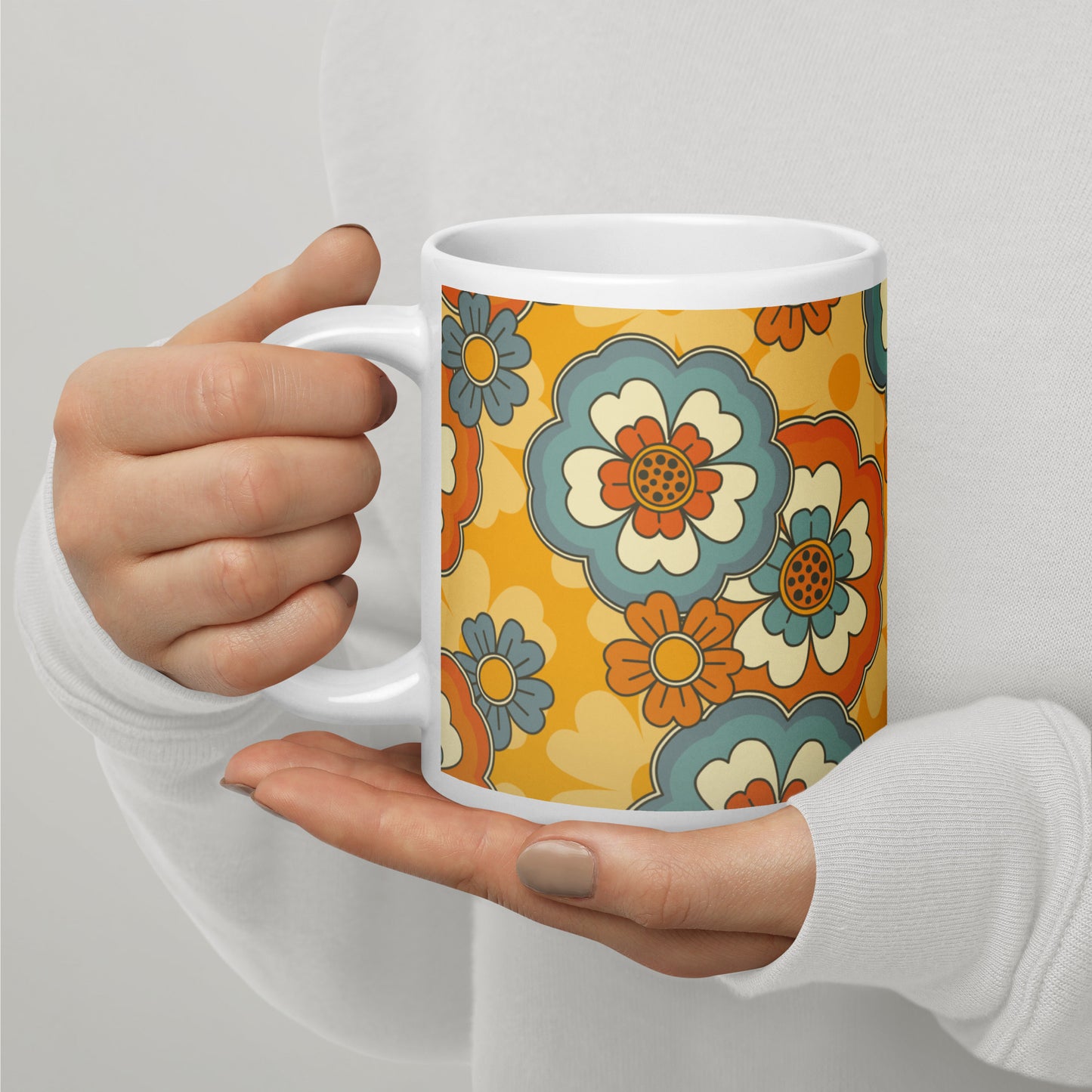 Vintage Retro Colors Groovy Flowers Pattern White Glossy Mug