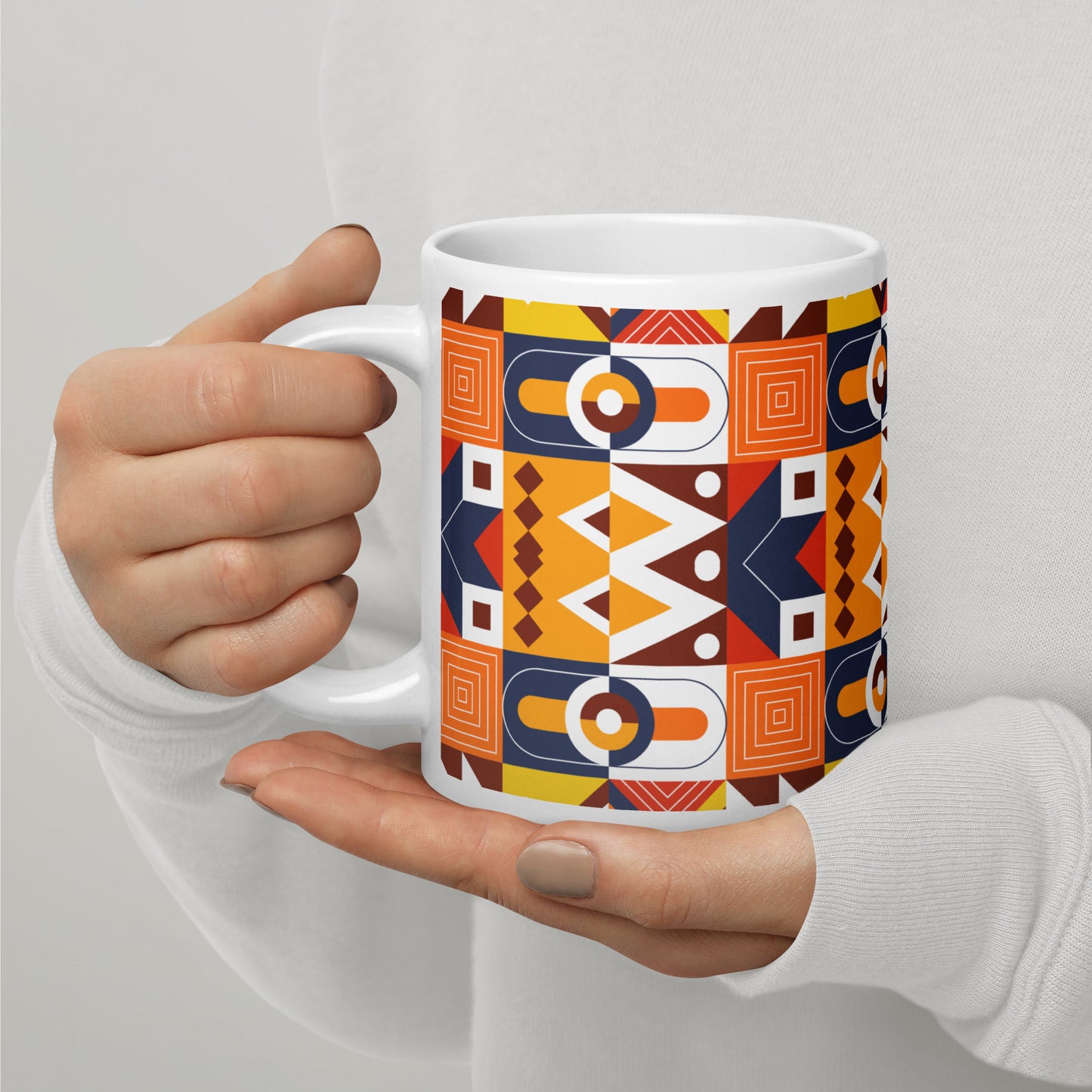 Polygonal Motif Pattern White Glossy Mug