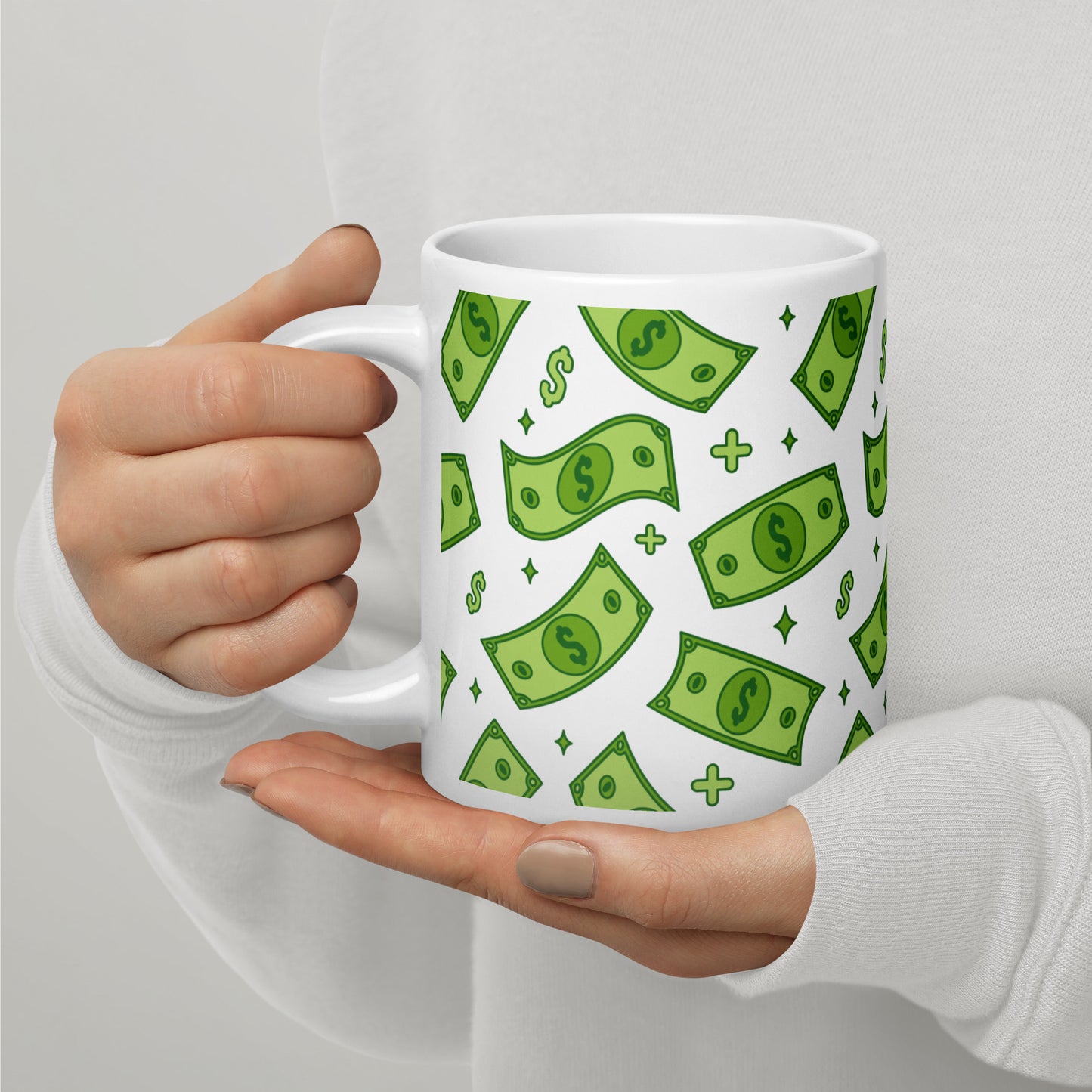 Dollar Currency Banknotes Pattern White Glossy Mug