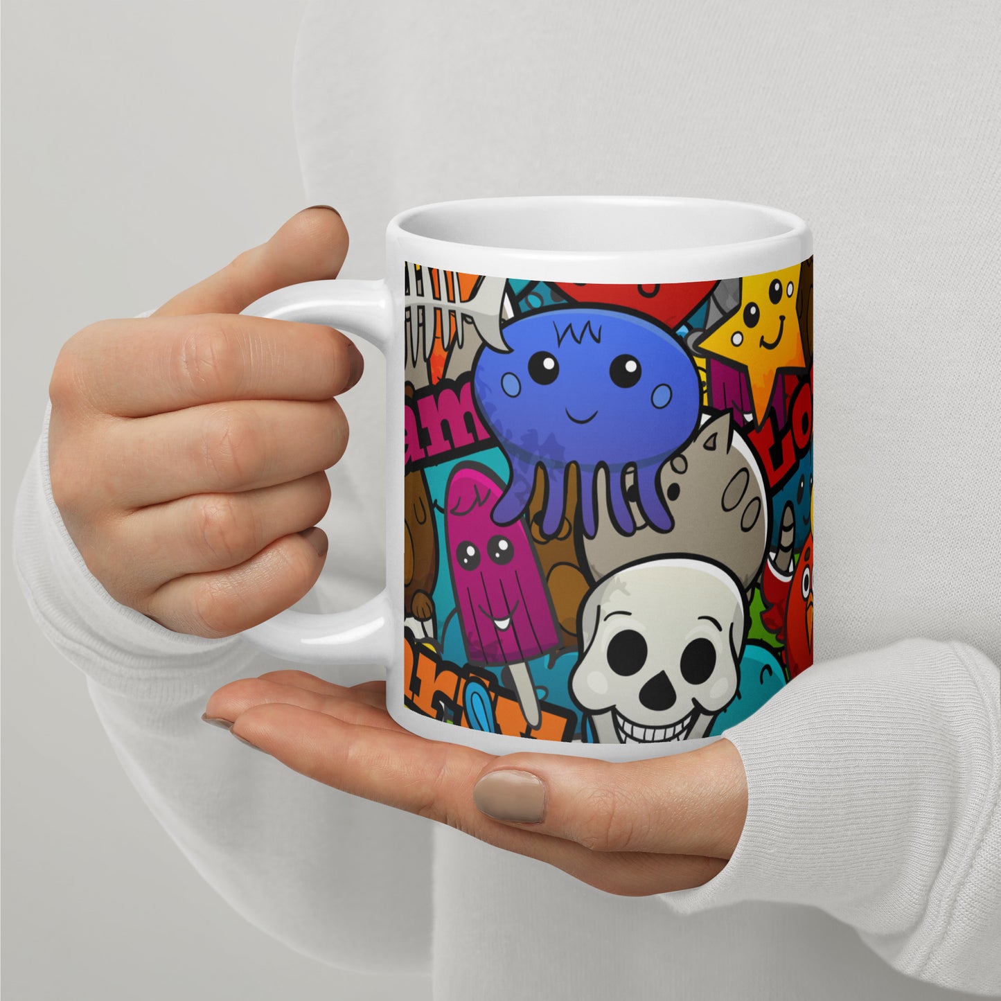 Funny Colorful Graffiti Characters White Glossy Mug
