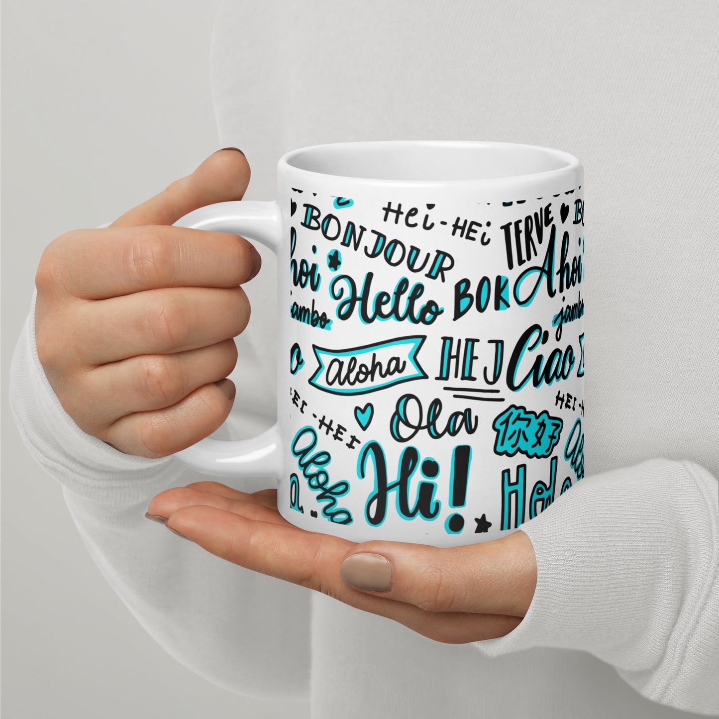 Hello Word Different Languages White Glossy Mug
