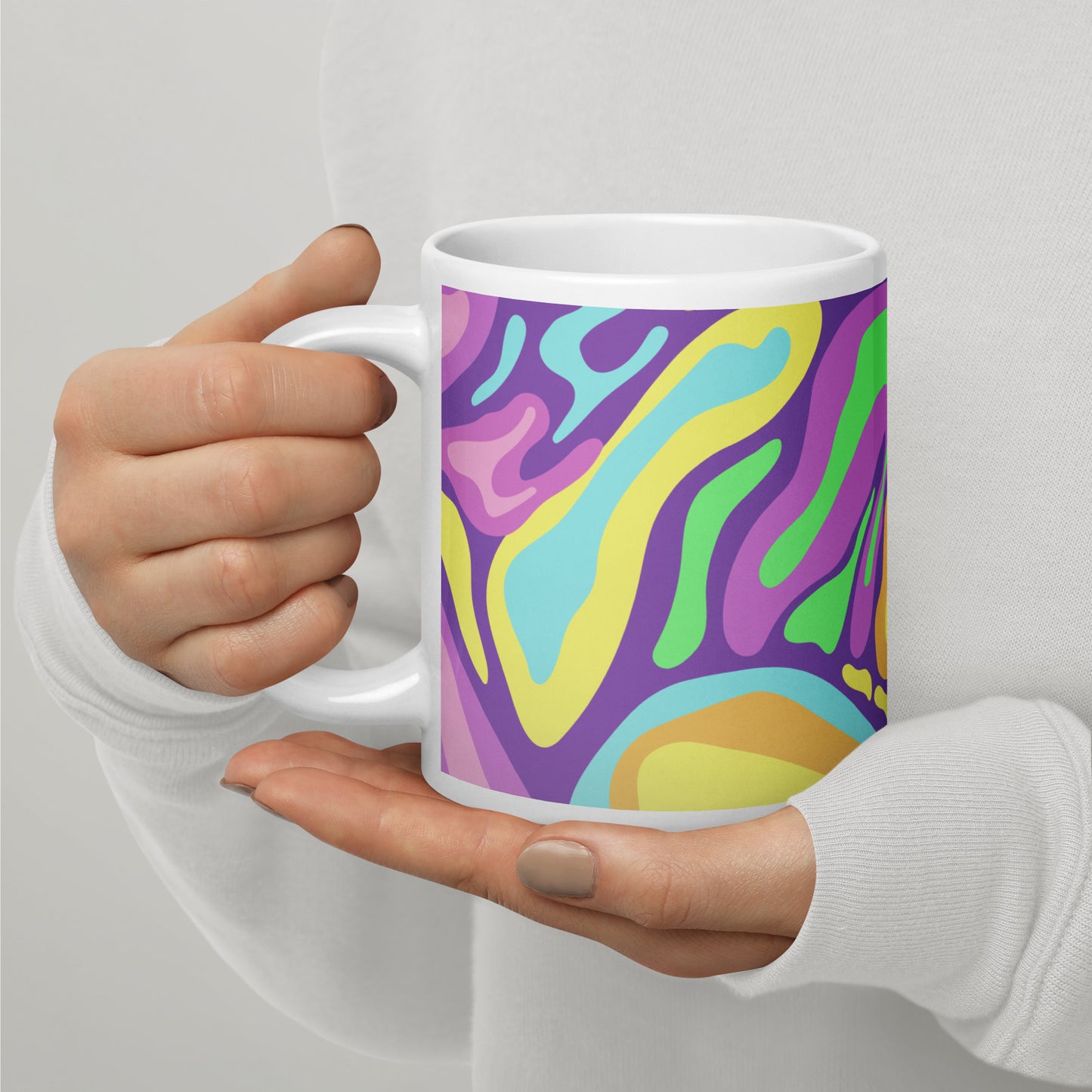 Colorful Groovy Psychedelic Wave Pattern White Glossy Mug