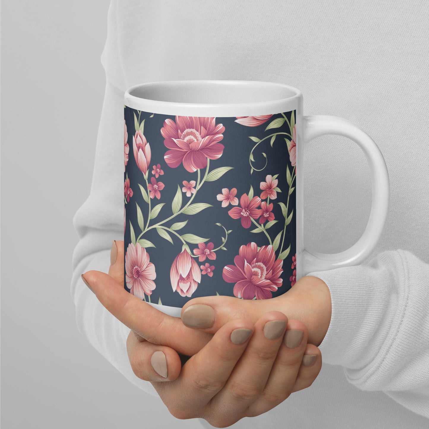 Seamless Vintage Flower Pattern White Glossy Mug