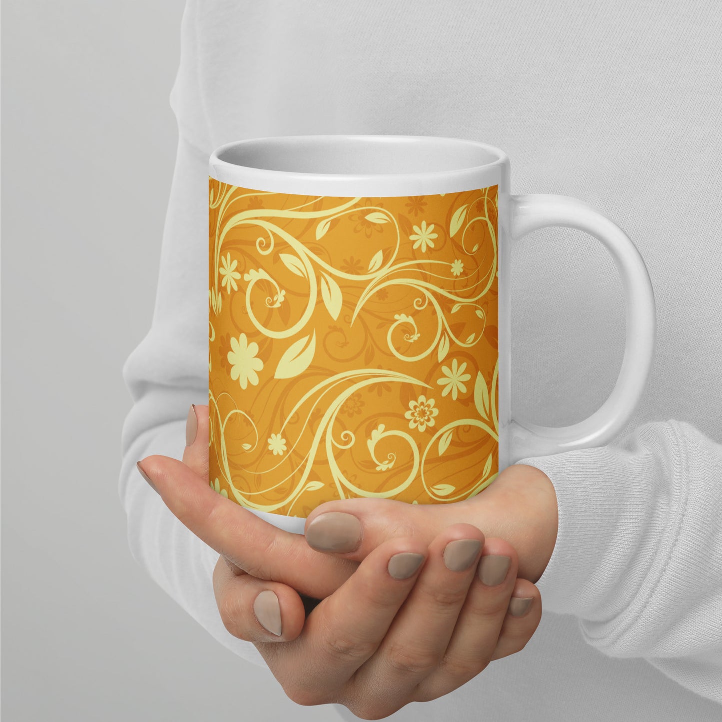Elegant Decorative Ornamental Floral Pattern White Glossy Mug