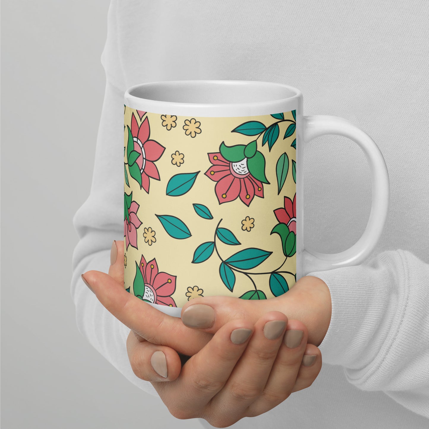 Elegant Flower And Leaves Decorative Pattern White Glossy Mug