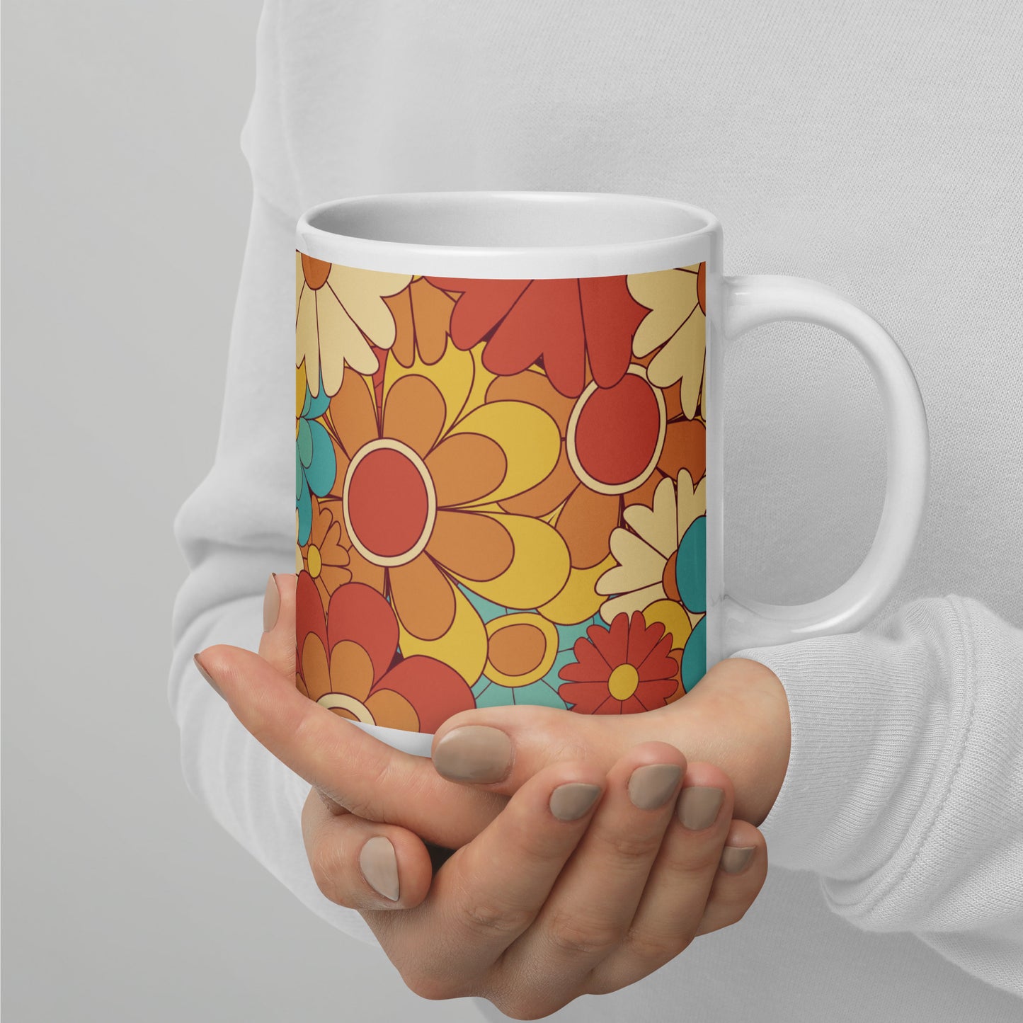 Vintage Retro Colors Groovy Floral Pattern White Glossy Mug