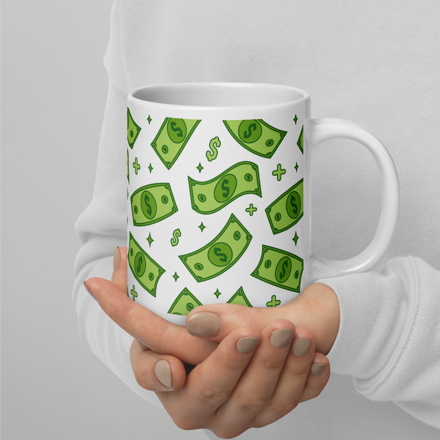 Dollar Currency Banknotes Pattern White Glossy Mug
