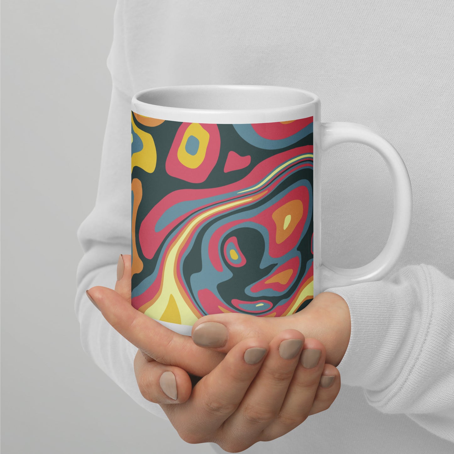 Colorful Groovy Psychedelic Pattern White Glossy Mug