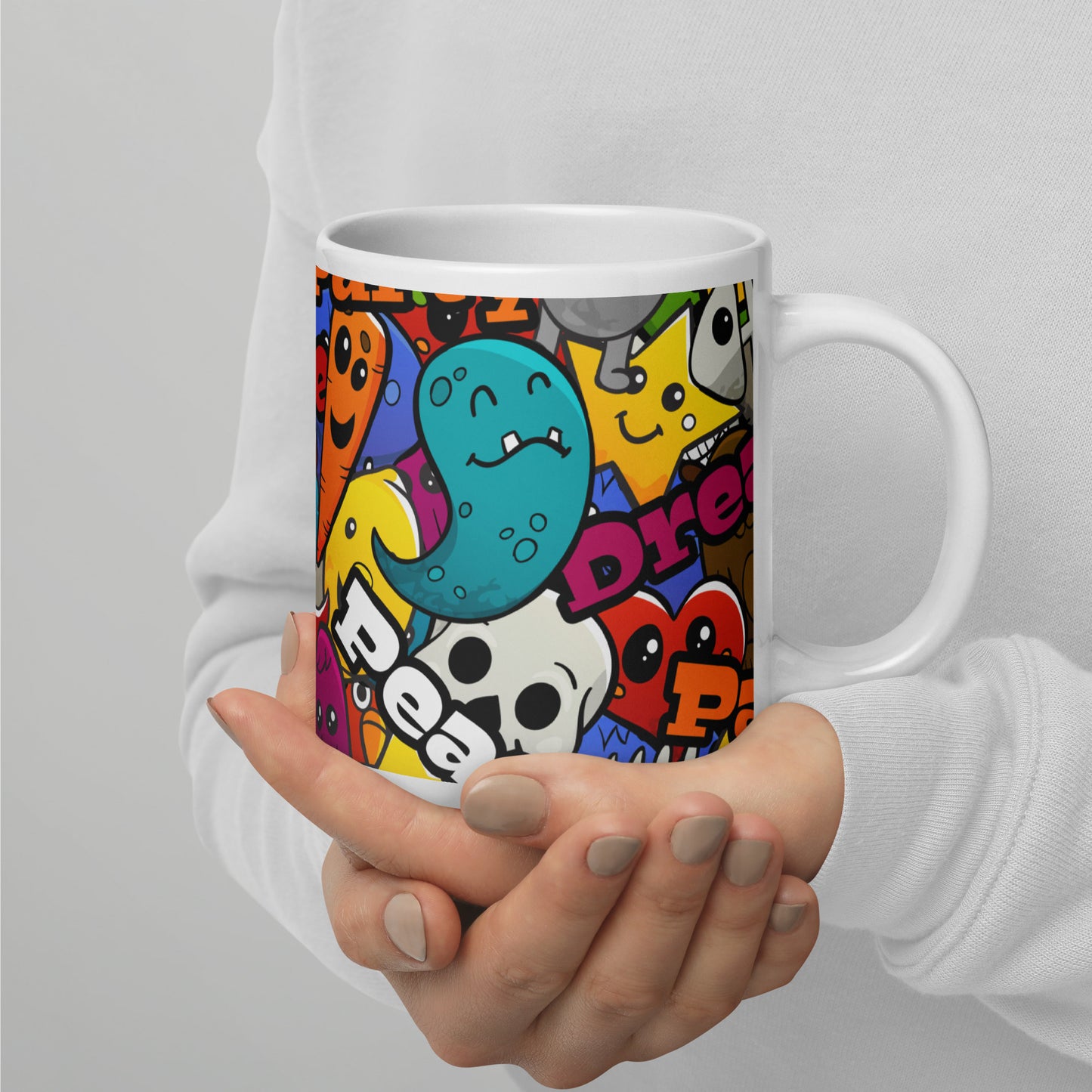 Funny Colorful Graffiti Characters White Glossy Mug