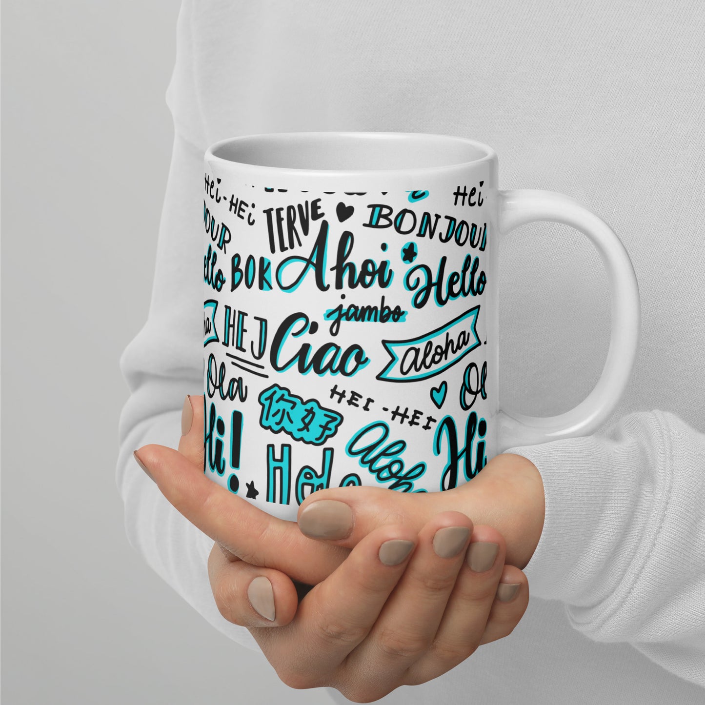 Hello Word Different Languages White Glossy Mug