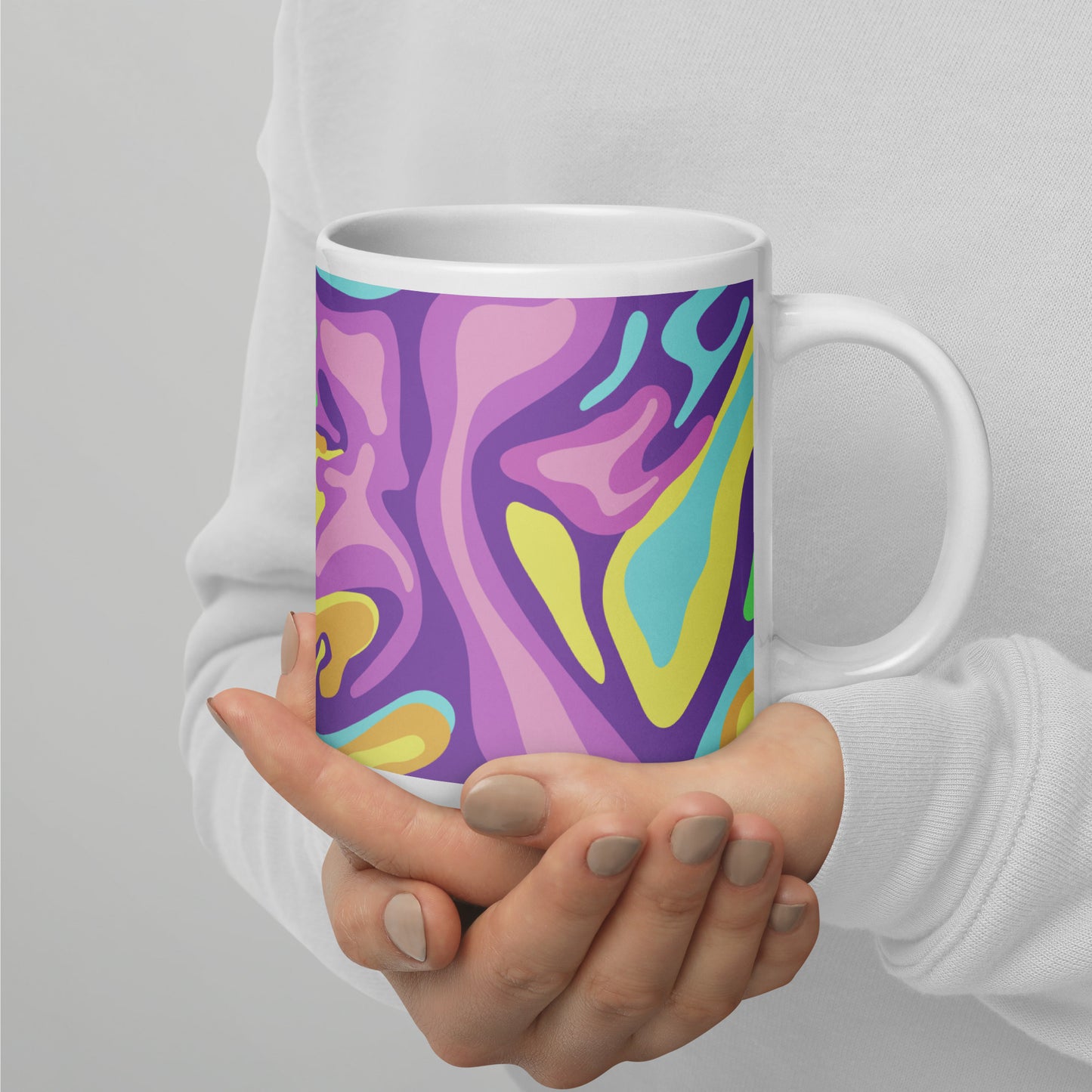 Colorful Groovy Psychedelic Wave Pattern White Glossy Mug