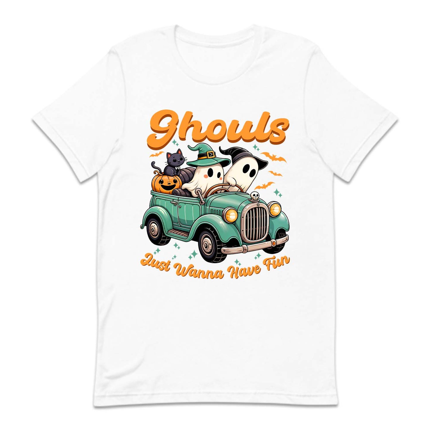 Halloween Ghosts Driving Vintage Car Pumpkin and Black Cat | PRODUCT CODE: GHJUWNHVF