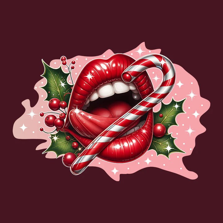 Unwrap the Festive Glam with the "Red Glossy Lips Christmas Candy Cane" T-Shirt – Sleek, Sexy, and Perfect for the Holidays!