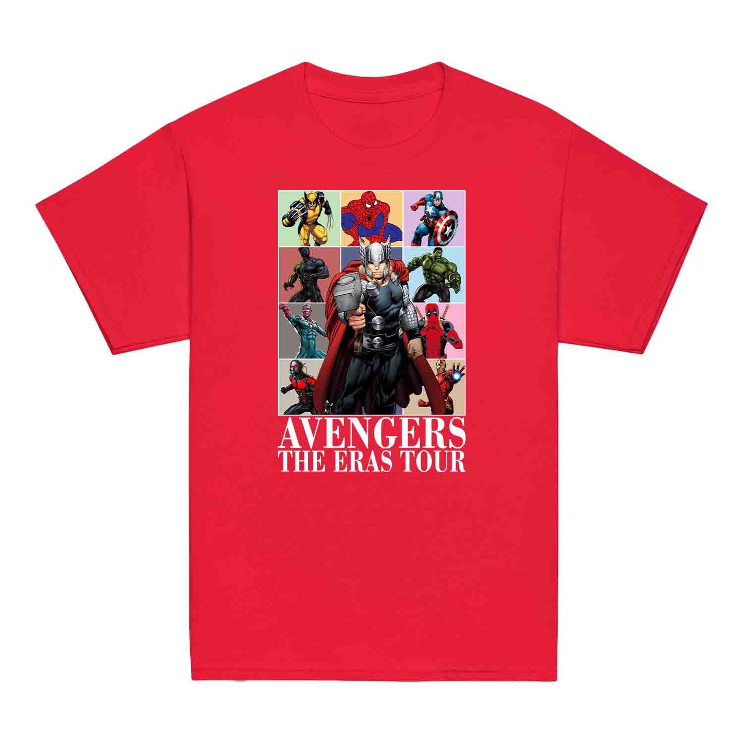 Avengers Eras Tour Kids T-Shirt, Jumper & Hoodie – Retro Marvel Comic Style Featuring Thor, Iron Man, Spider-Man, Hulk & Deadpool | PRODUCT CODE: ABFGEIRS