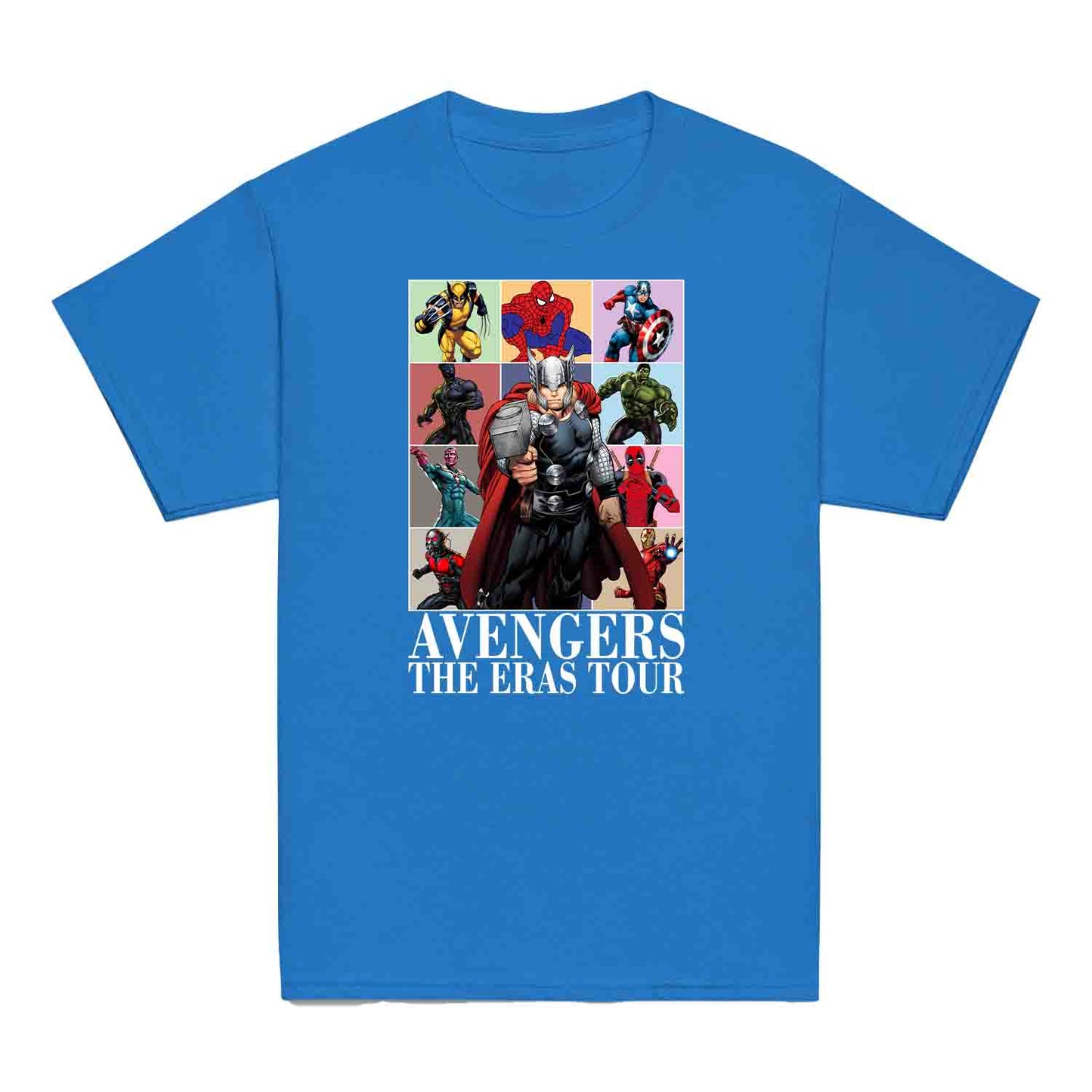 Avengers Eras Tour Kids T-Shirt, Jumper & Hoodie – Retro Marvel Comic Style Featuring Thor, Iron Man, Spider-Man, Hulk & Deadpool | PRODUCT CODE: ABFGEIRS