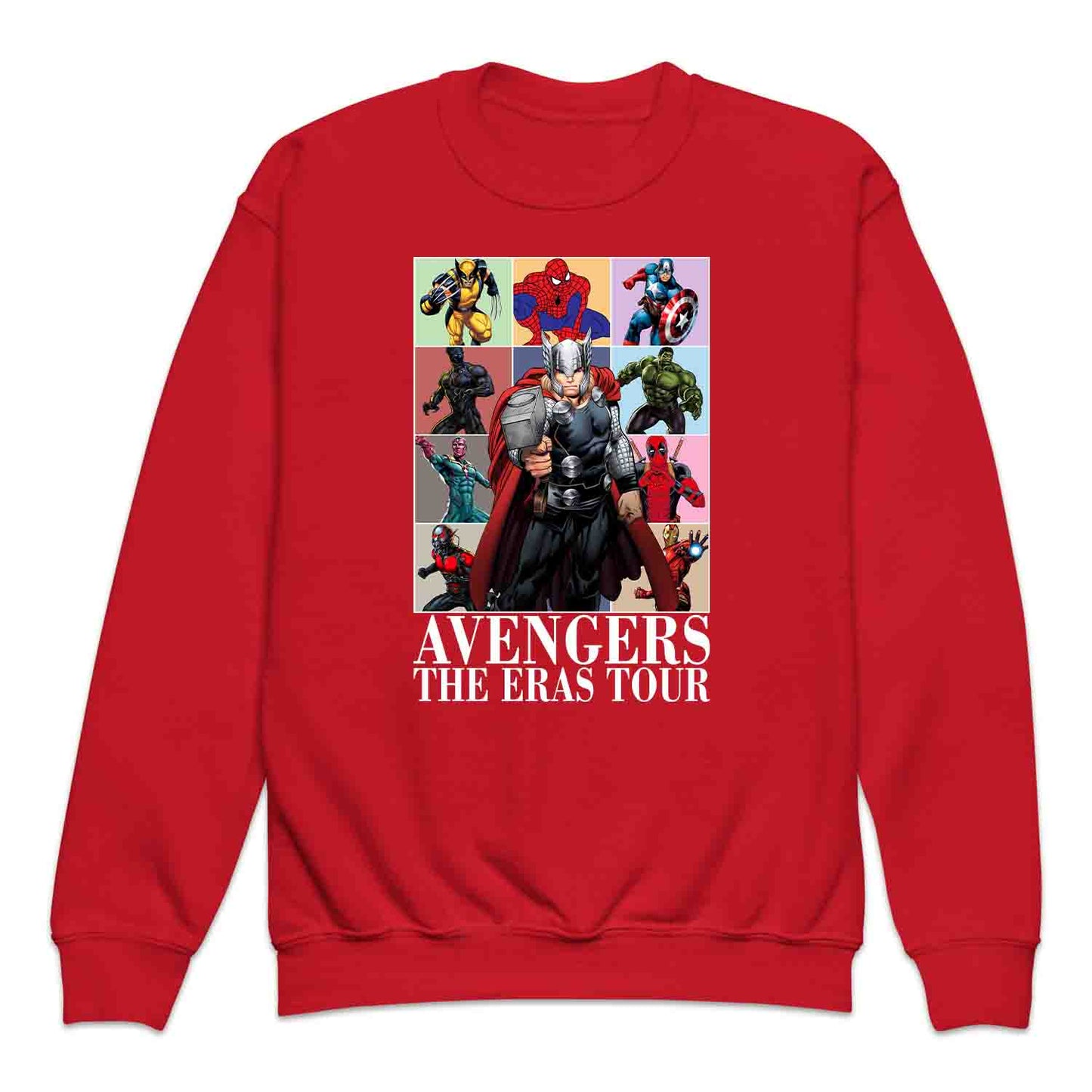 Avengers Eras Tour Kids T-Shirt, Jumper & Hoodie – Retro Marvel Comic Style Featuring Thor, Iron Man, Spider-Man, Hulk & Deadpool | PRODUCT CODE: ABFGEIRS