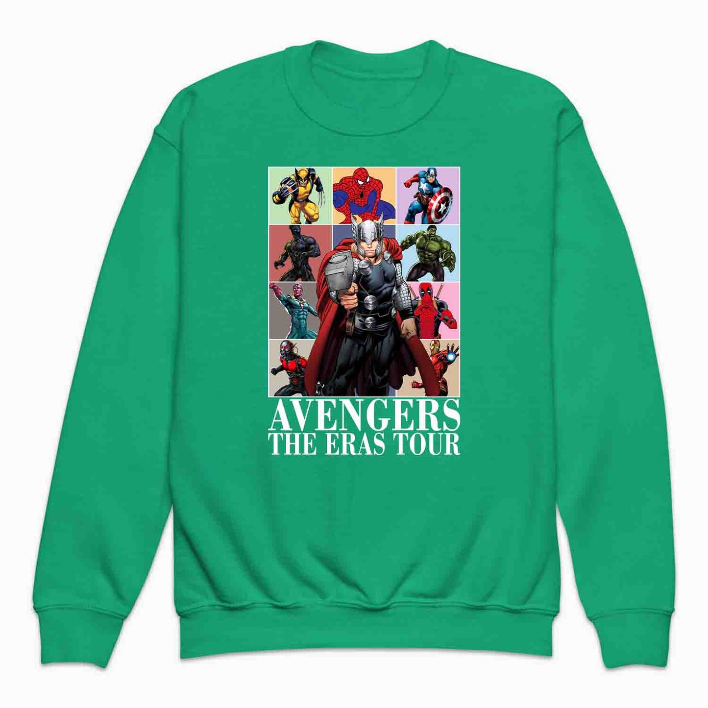 Avengers Eras Tour Kids T-Shirt, Jumper & Hoodie – Retro Marvel Comic Style Featuring Thor, Iron Man, Spider-Man, Hulk & Deadpool | PRODUCT CODE: ABFGEIRS