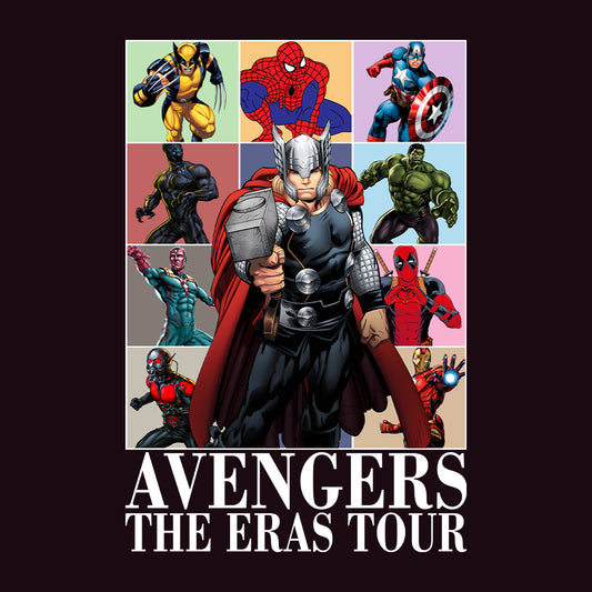 Avengers Eras Tour T-Shirt, Jumper & Hoodie – Retro Marvel Comic Style Featuring Thor, Iron Man, Spider-Man, Hulk & Deadpool | PRODUCT CODE: ABFGEIRS