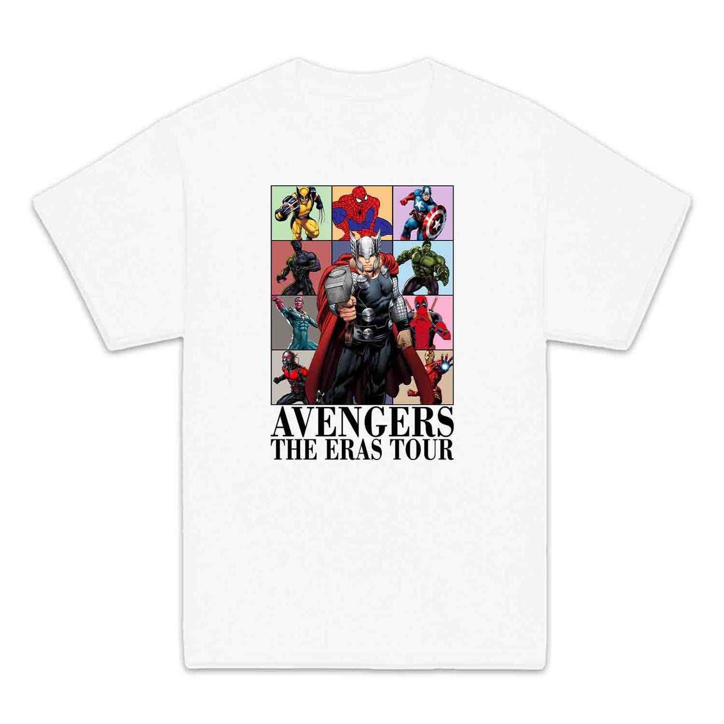 Avengers Eras Tour Kids T-Shirt, Jumper & Hoodie – Retro Marvel Comic Style Featuring Thor, Iron Man, Spider-Man, Hulk & Deadpool | PRODUCT CODE: ABFGEIRS