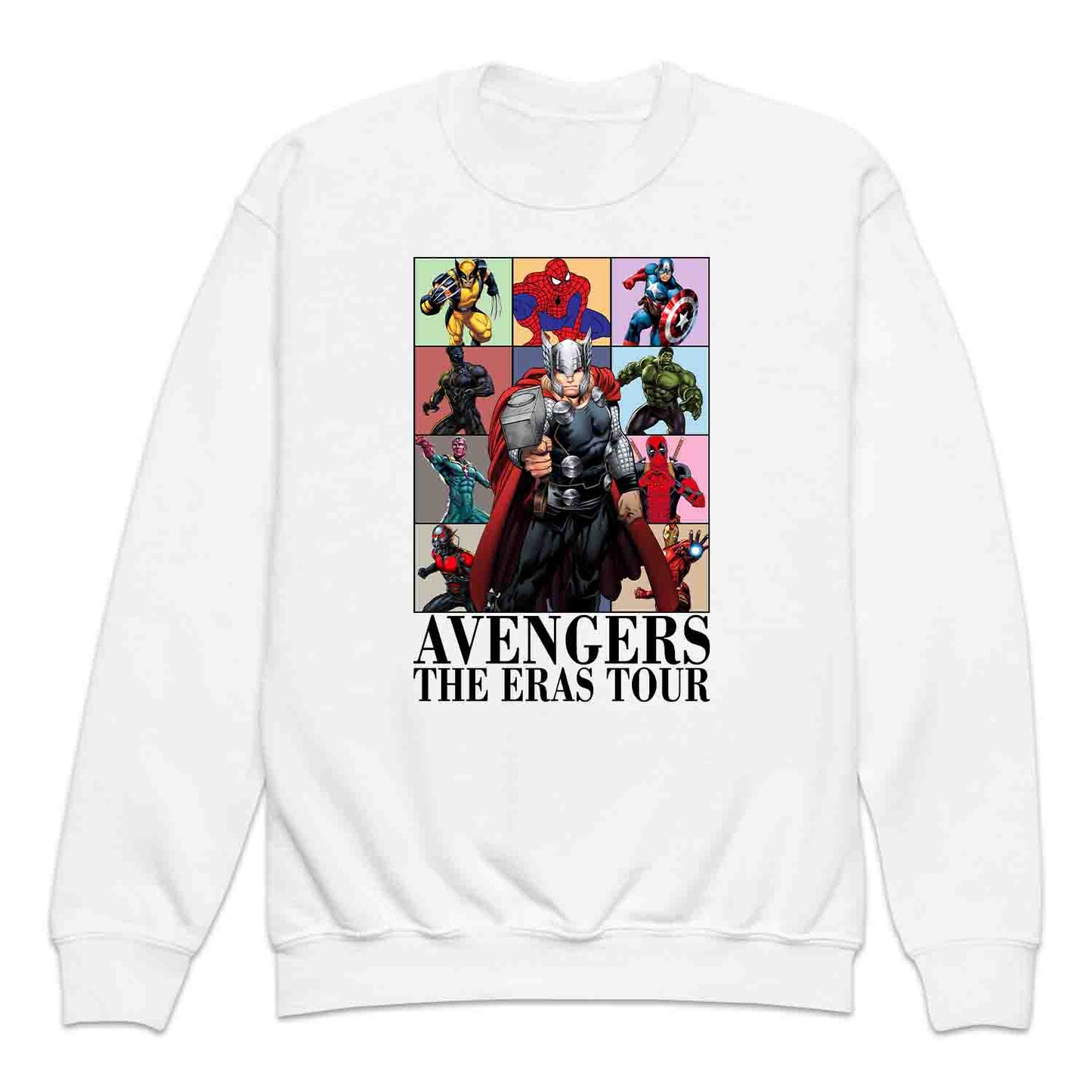 Avengers Eras Tour Kids T-Shirt, Jumper & Hoodie – Retro Marvel Comic Style Featuring Thor, Iron Man, Spider-Man, Hulk & Deadpool | PRODUCT CODE: ABFGEIRS
