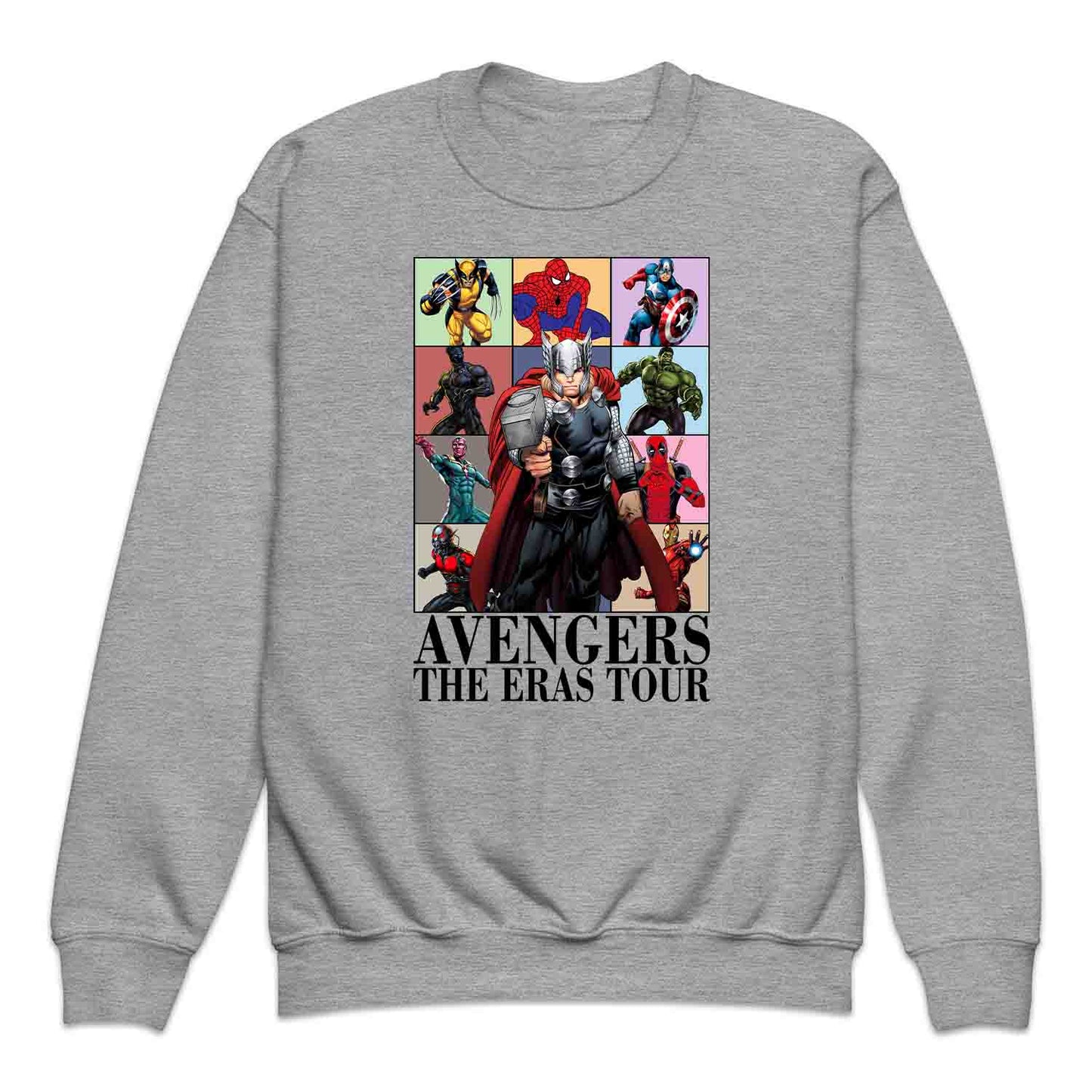Avengers Eras Tour Kids T-Shirt, Jumper & Hoodie – Retro Marvel Comic Style Featuring Thor, Iron Man, Spider-Man, Hulk & Deadpool | PRODUCT CODE: ABFGEIRS