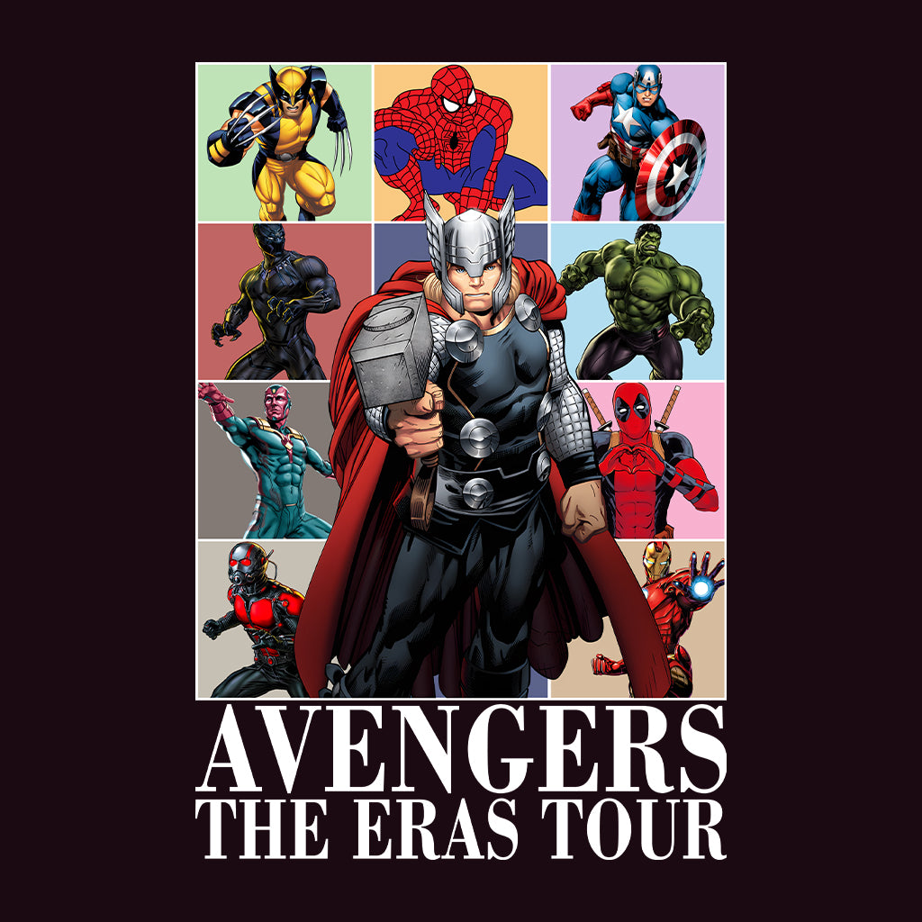 Avengers Eras Tour Kids T-Shirt, Jumper & Hoodie – Retro Marvel Comic Style Featuring Thor, Iron Man, Spider-Man, Hulk & Deadpool | PRODUCT CODE: ABFGEIRS