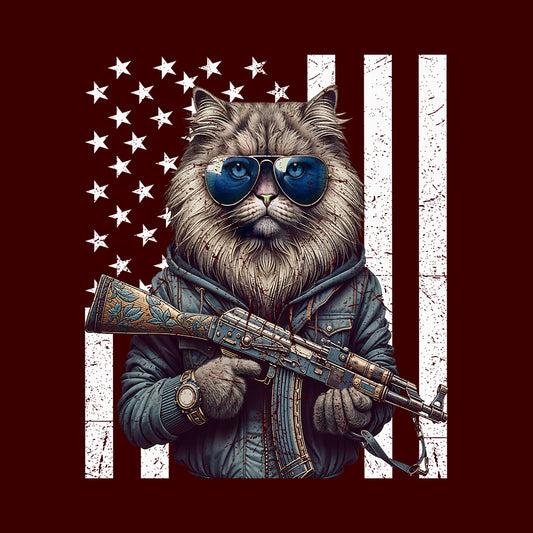 Armed Cat With AK-47 & USA Flag Fierce Patriotic Feline | PRODUCT CODE: ACRDMWUSFLGT