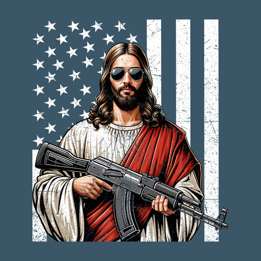 Armed Jesus with USA Flag Patriotic Christian Faith & Firearm  Fusion | PRODUCT CODE: AMRDJSUFLGPT