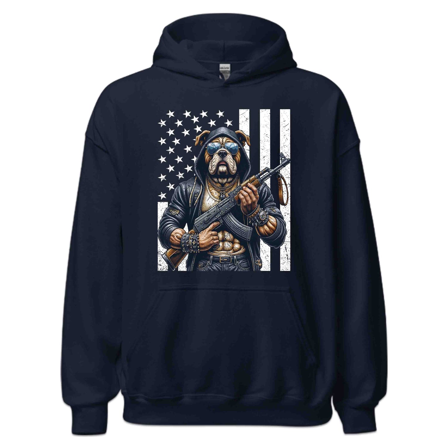 Armed Bulldog With AK-47 & USA Flag Fierce Patriotic Dog | PRODUCT CODE: ARMUJWBAHFG
