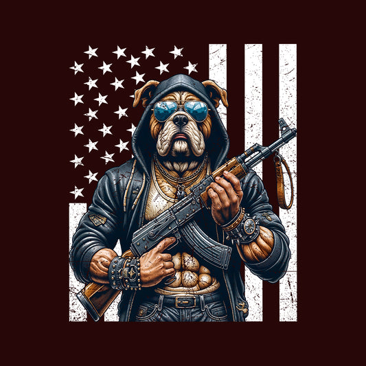 Armed Bulldog With AK-47 & USA Flag Fierce Patriotic Dog | PRODUCT CODE: ARMUJWBAHFG