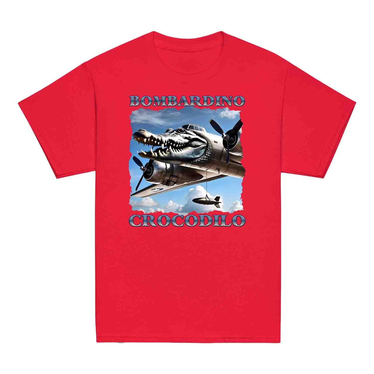 Bombardiro Crocodilo Kids T-Shirt, Jumper & Hoodie – Funny Italian Meme, Crocodile Warplane Parody Apparel | PRODUCT CODE: BADREYONA