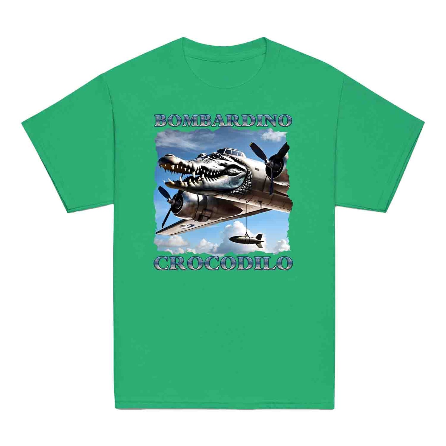 Bombardiro Crocodilo Kids T-Shirt, Jumper & Hoodie – Funny Italian Meme, Crocodile Warplane Parody Apparel | PRODUCT CODE: BADREYONA