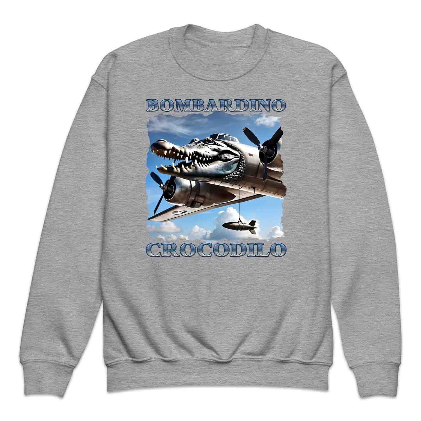 Bombardiro Crocodilo Kids T-Shirt, Jumper & Hoodie – Funny Italian Meme, Crocodile Warplane Parody Apparel | PRODUCT CODE: BADREYONA