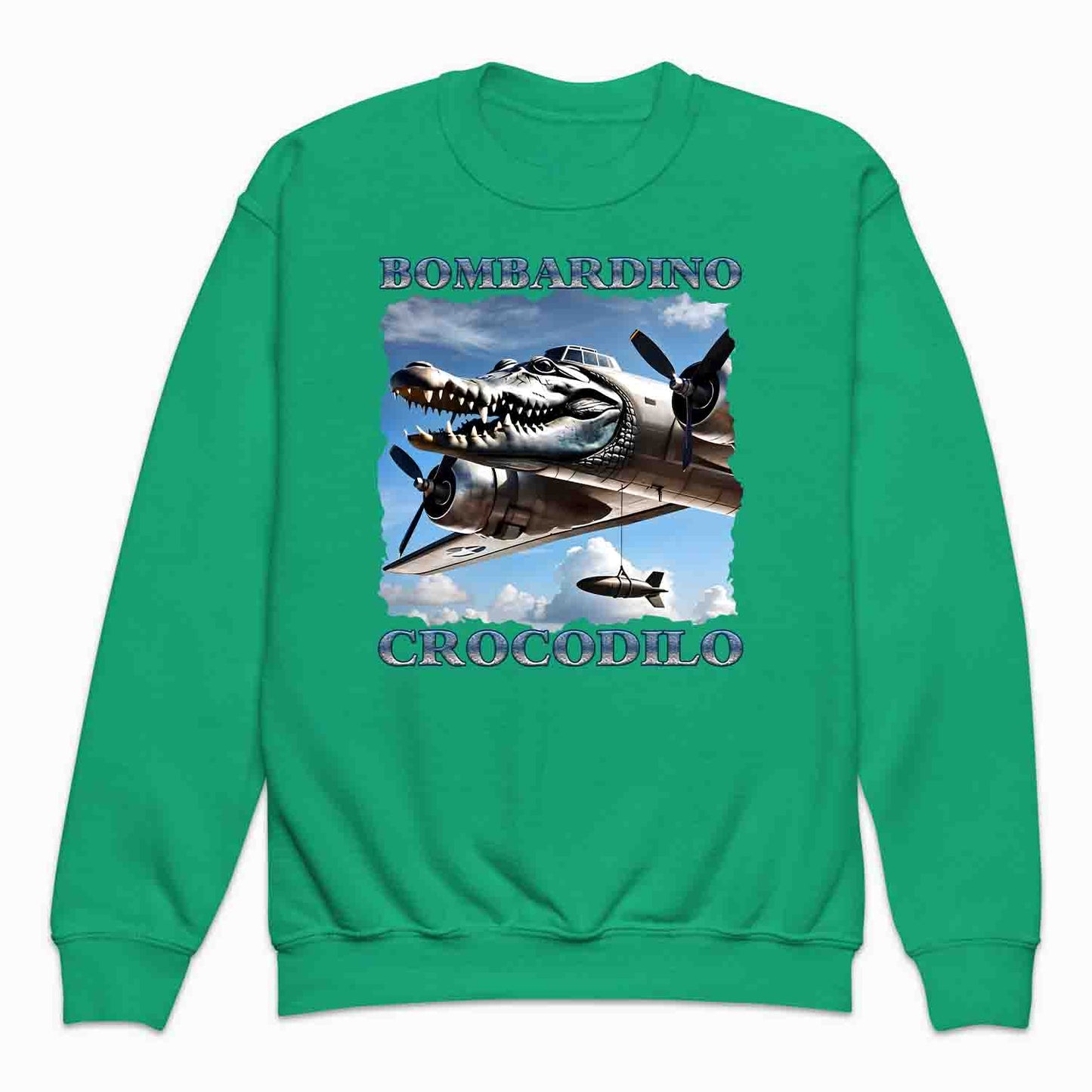 Bombardiro Crocodilo Kids T-Shirt, Jumper & Hoodie – Funny Italian Meme, Crocodile Warplane Parody Apparel | PRODUCT CODE: BADREYONA