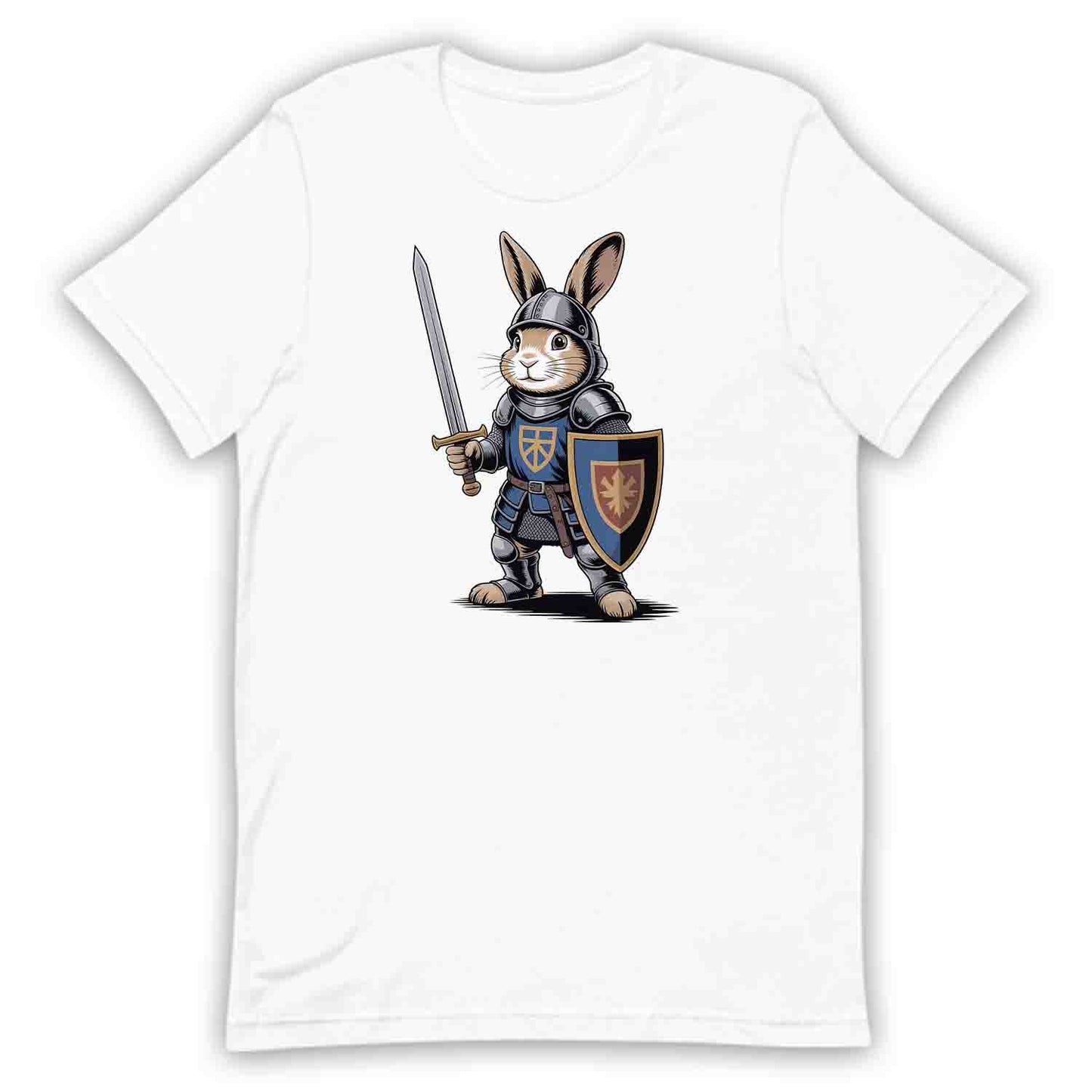 Bunny Knight T-Shirt, Medieval Rabbit Warrior Tee, Fantasy Armor Sword & Shield Shirt | PRODUCT CODE: BNYASDBK