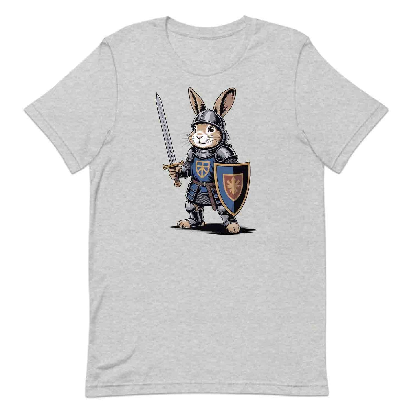 Bunny Knight T-Shirt, Medieval Rabbit Warrior Tee, Fantasy Armor Sword & Shield Shirt | PRODUCT CODE: BNYASDBK
