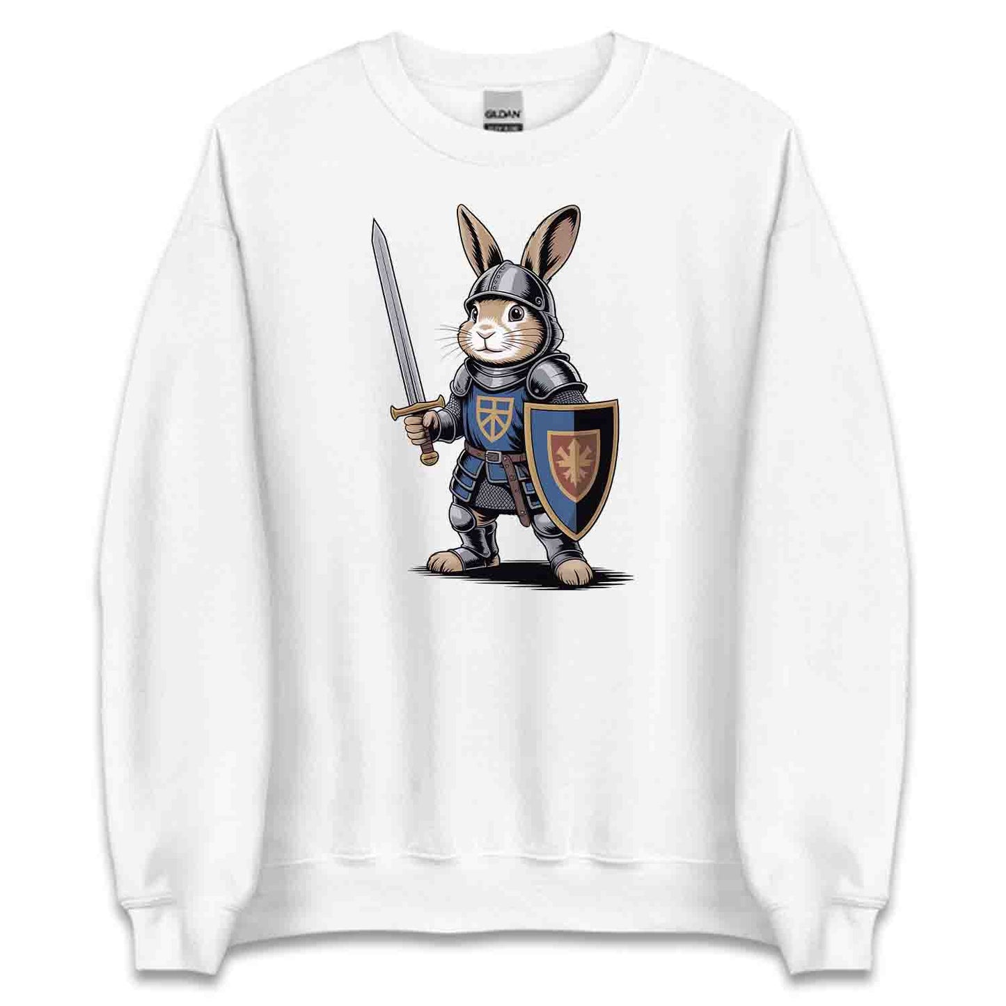 Bunny Knight T-Shirt, Medieval Rabbit Warrior Tee, Fantasy Armor Sword & Shield Shirt | PRODUCT CODE: BNYASDBK