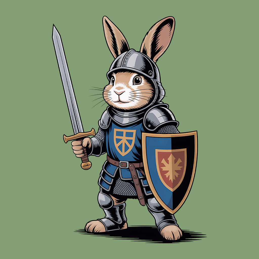Bunny Knight T-Shirt, Medieval Rabbit Warrior Tee, Fantasy Armor Sword & Shield Shirt | PRODUCT CODE: BNYASDBK