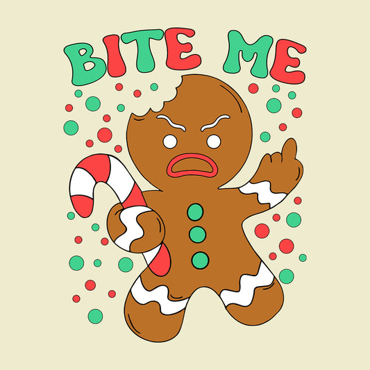 Bite Me Gingerbread Man Christmas Funny Middle Finger Sarcastic Xmas | PRODUCT CODE: BTMHDNGRBEA