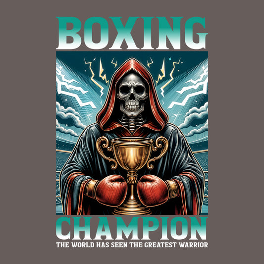 Boxing Champion Gothic Skeleton Victory Skull Holding Trophy in Arena | PRODUCT CODE: BXNGCHMPINGK