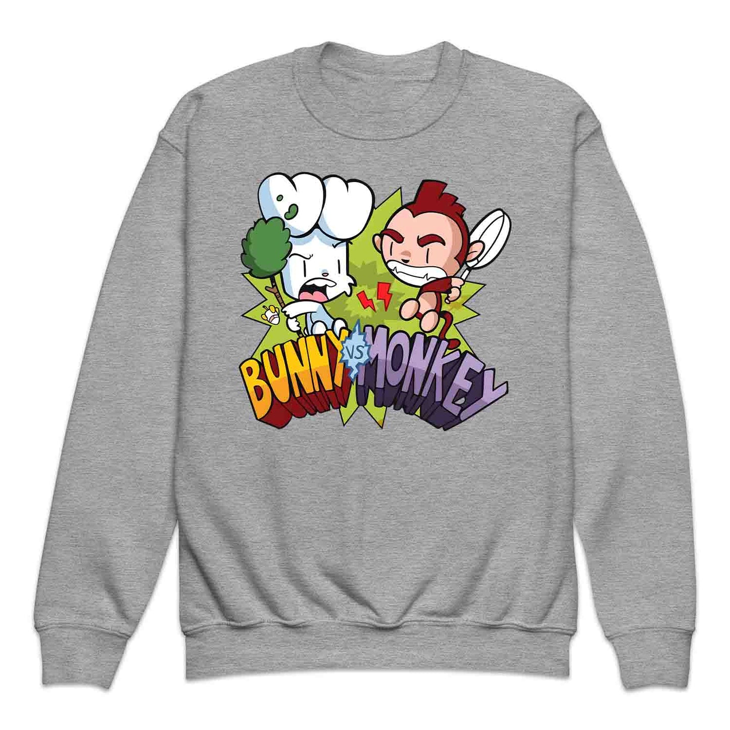 Bunny vs Monkey Kids T-Shirt | Funny Cartoon Rivalry Jumper | World Book Day Hoodie | Wild Comic Book Fights Tee | PRODUCT CODE: BYNSHMCKSDY