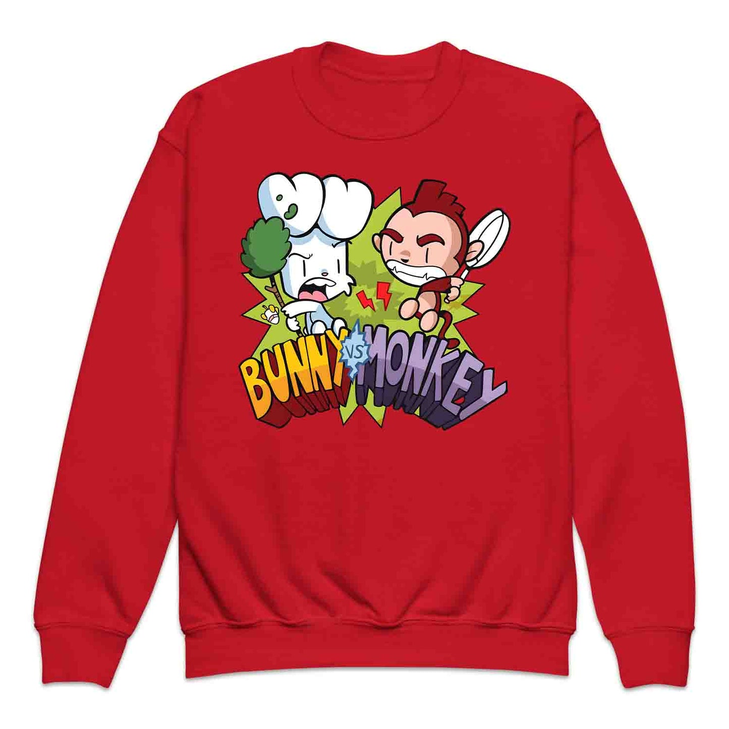 Bunny vs Monkey Kids T-Shirt | Funny Cartoon Rivalry Jumper | World Book Day Hoodie | Wild Comic Book Fights Tee | PRODUCT CODE: BYNSHMCKSDY