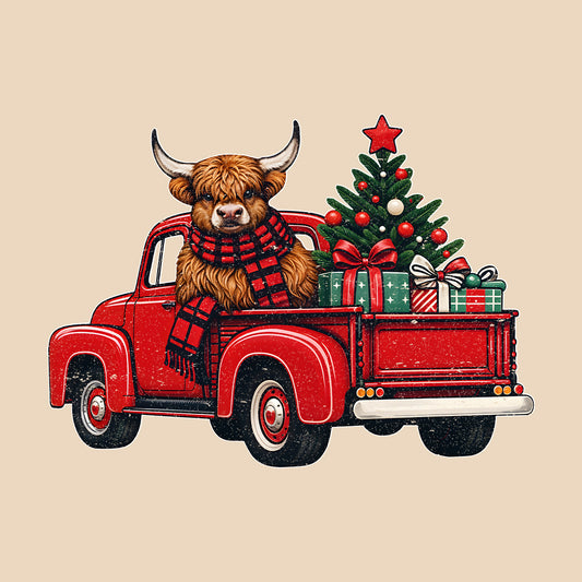 Christmas Highland Cow Vintage Red Christmas Tree Truck Heifer Cow Xmas | PRODUCT CODE: CHTHGLMDCWP