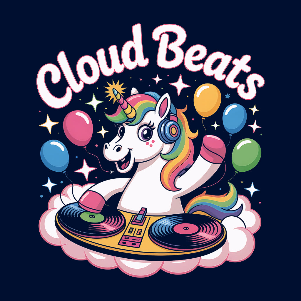 Cloud Beats Unicorn DJ T-Shirt, Kawaii Rainbow Rave Sweatshirt, Retro EDM Music Hoodie | PRODUCT CODE: CMNBEXZJH