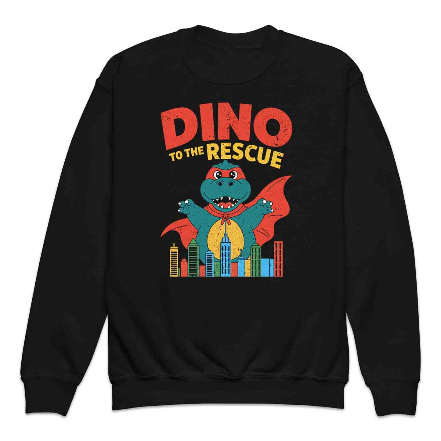 Dino to the Rescue Kids Superhero T-Shirt – Cute Dinosaur in Cape Cityscape for Boys & Girls Who Love Dinos & Adventure | PRODUCT CODE: DBNBUQWE