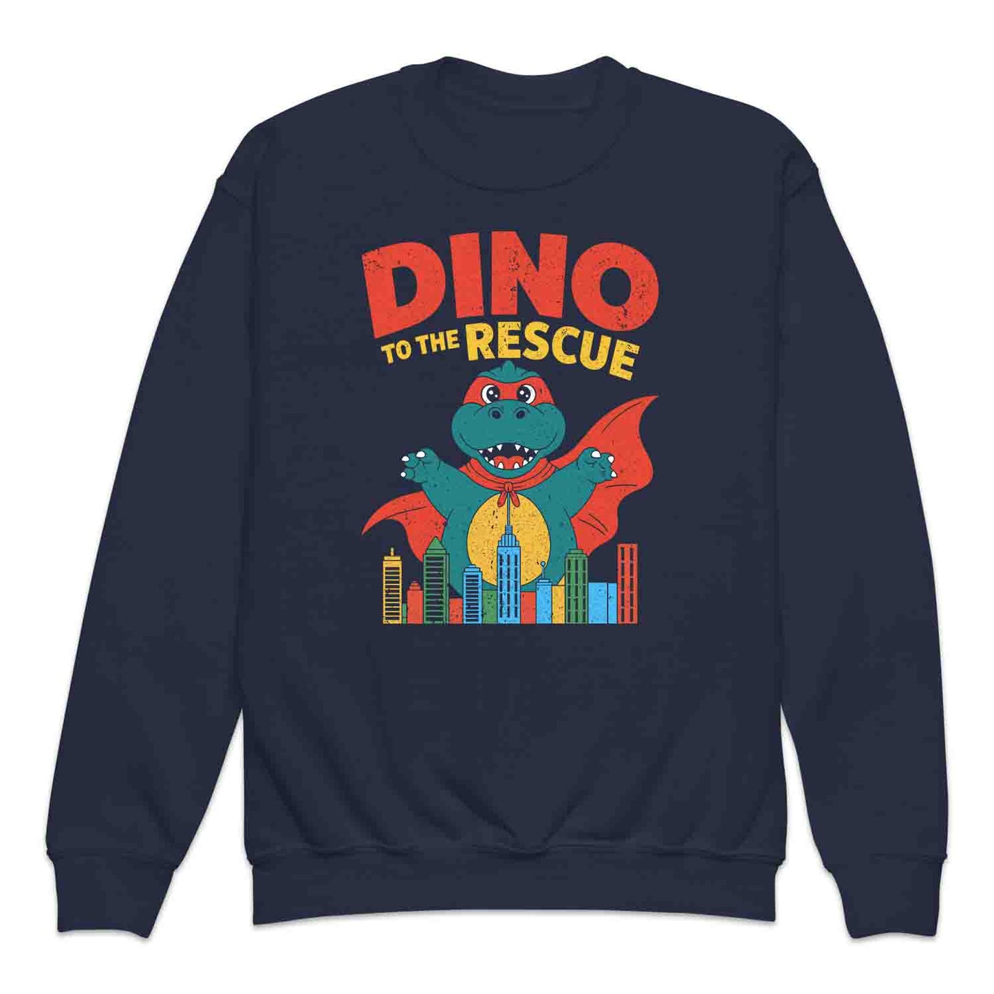 Dino to the Rescue Kids Superhero T-Shirt – Cute Dinosaur in Cape Cityscape for Boys & Girls Who Love Dinos & Adventure | PRODUCT CODE: DBNBUQWE