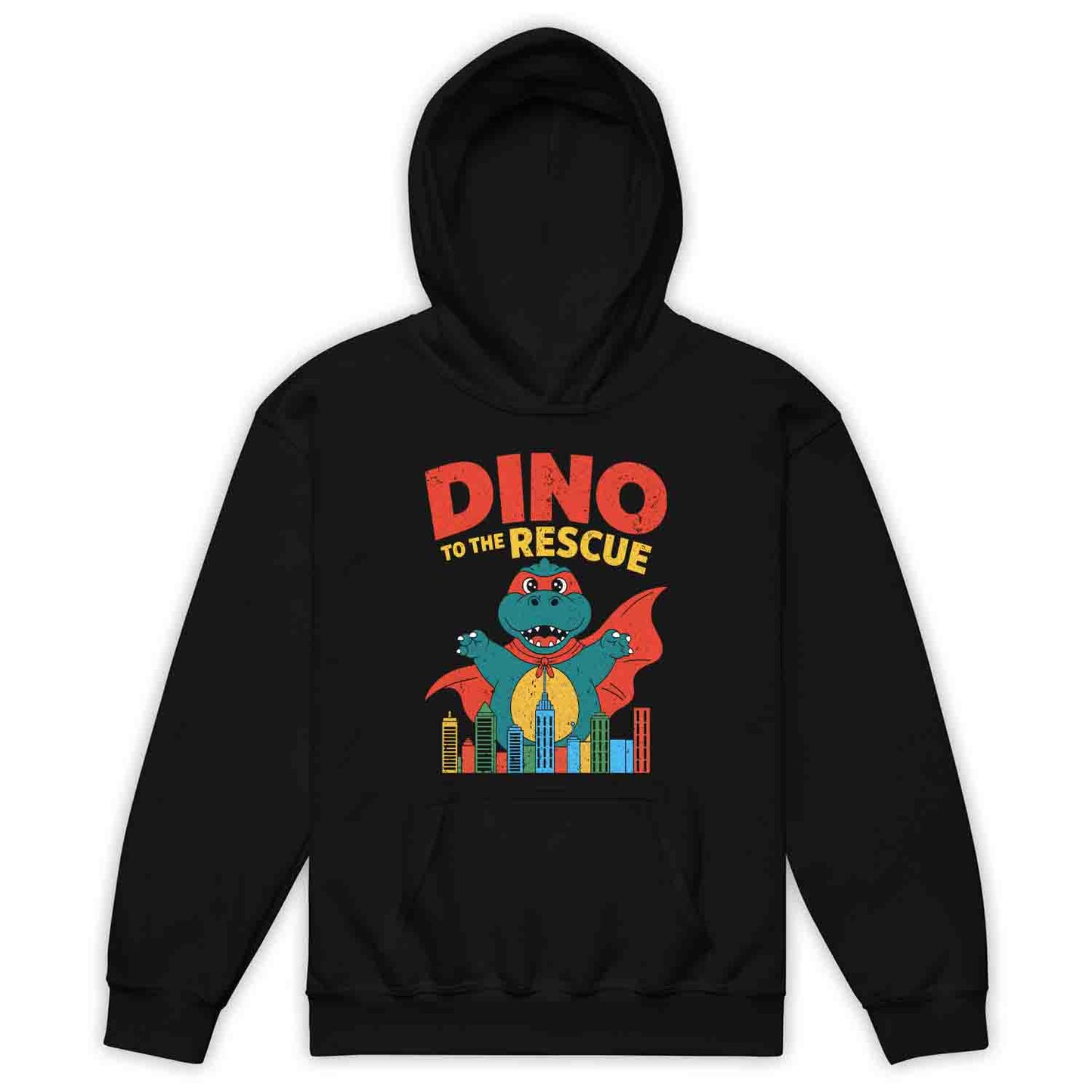 Dino to the Rescue Kids Superhero T-Shirt – Cute Dinosaur in Cape Cityscape for Boys & Girls Who Love Dinos & Adventure | PRODUCT CODE: DBNBUQWE